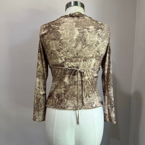 Y2K 90s Women's Cream Tan Fitted Ruffle Collar Bratz Boho Mesh Blouse Sz Large - Picture 2 of 10